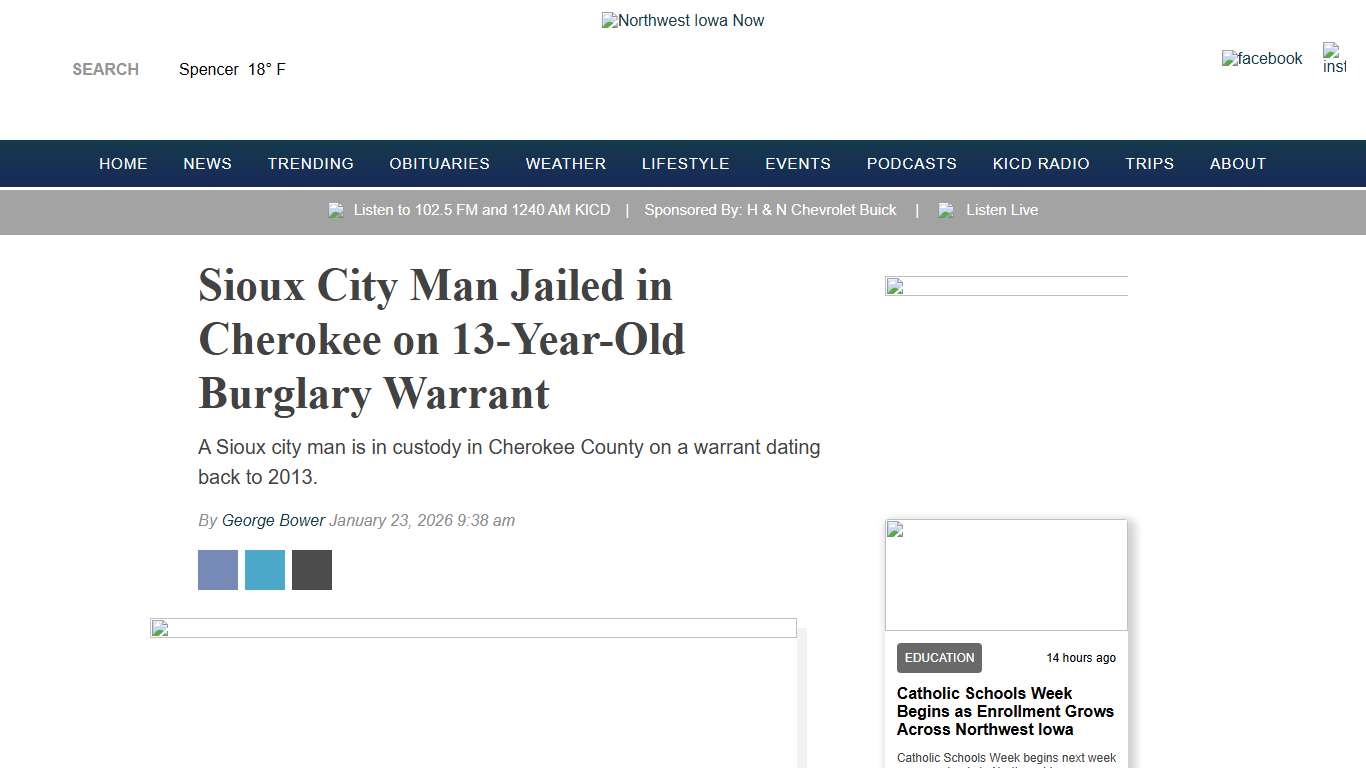 Sioux City Man Jailed in Cherokee on 13-Year-Old Burglary Warrant - Northwest Iowa Now